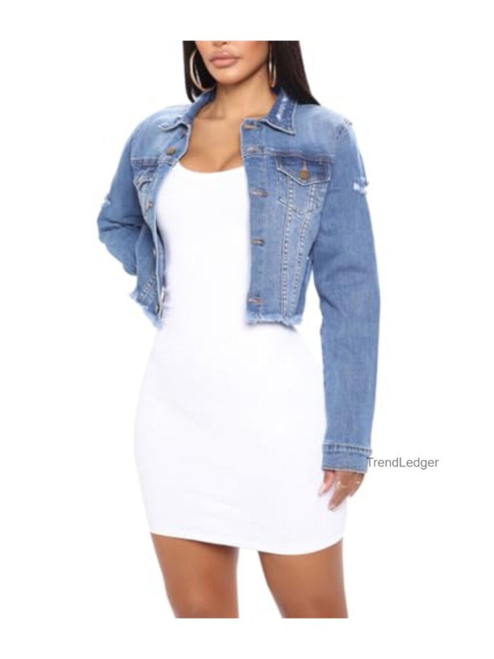 Ripped Frayed Cropped Denim Jean Jacket Oversized Distressed Button Down